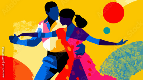 Cuban couple dancing salsa colorful illustration