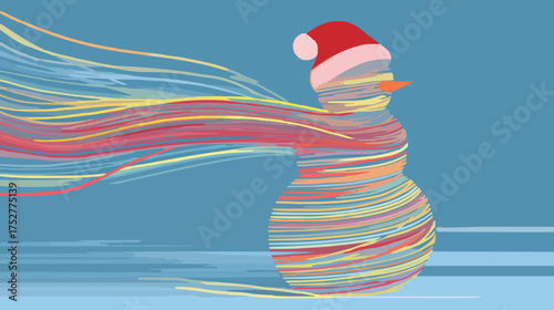 Abstract snowman in santa hat made of colorful threads