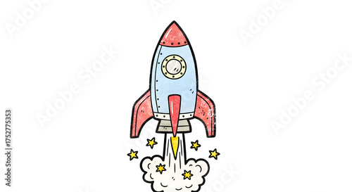 Fototapeta Naklejka Na Ścianę i Meble -  A whimsical hand-drawn illustration of a retro rocket ship launching into the sky with smoke and stars.