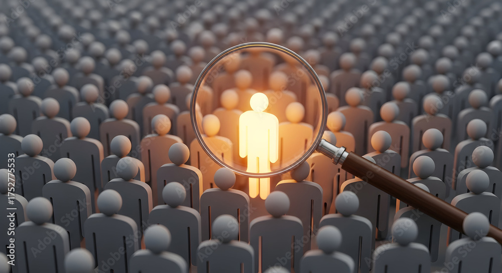 Fototapeta premium Find the perfect candidate with a magnifying glass over the crowd