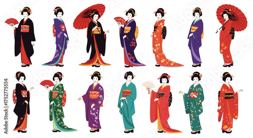 A collection of elegant women in traditional Japanese attire and accessories.