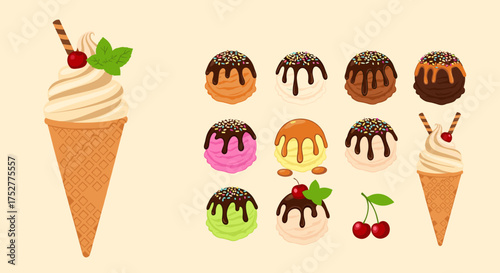 A delicious assortment of colorful ice cream flavors and cones topped with sauces and cherries.