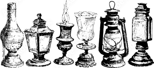 Vintage lamps and lanterns set in an engraving style. This hand-drawn vector illustration showcases various antique light sources with detailed outlines.