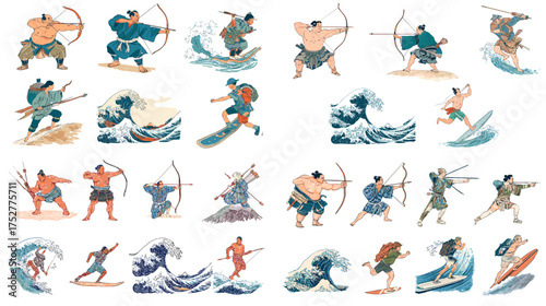 Dynamic Japanese samurai and warrior illustration set with archers, swordsmen, and waves. Perfect for traditional Japanese art, martial arts design, and cultural poster decoration.