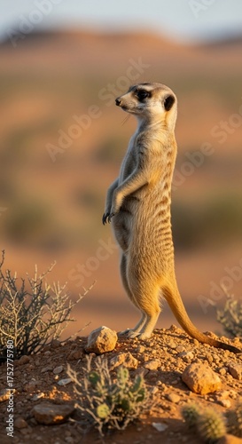 Meerkat standing alert in the desert landscape at sunset.