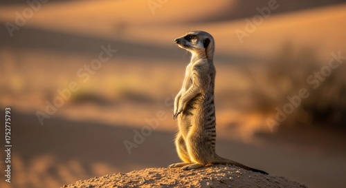 Meerkat standing tall in the desert.