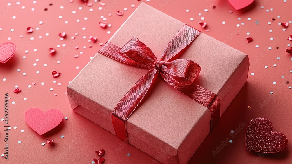 Obraz premium Beautiful Pink Gift Box Tied with Ribbon Surrounded by Hearts and Glitter.