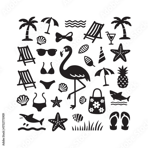 Silhouette Vibrant Summer Beach Collage with Flamingo, Palm Trees, Seashells, and Tropical Icons.