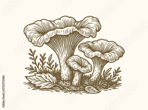 Chanterelle mushrooms vintage engraving forest illustration vector