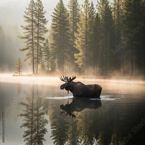 Moose in Misty Lake - A Serene Wildlife Encounter.