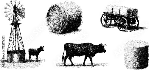 Engraving print of rural life featuring a windmill, cow, and hay bales. Antique vector illustration representing farming and nature set.