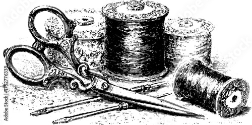 Scissors and thread spools in a vintage style. Black and white vector illustration showcasing essential tools for sewing and crafting.