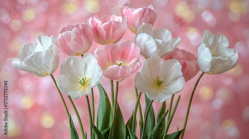 Elegant Bouquet of Pink and White Tulips in Soft Focus.