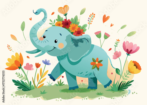 A cute baby elephant surrounded by flowers isolated on white background