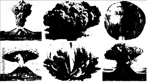 Volcano eruption illustration depicting a mushroom cloud in black and white. This vector illustration shows the powerful geological event and its natural effects.