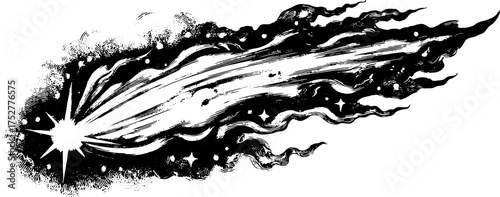 Vintage comet illustration with detailed engraving style. Stars and space elements featured in this black and white vector design.