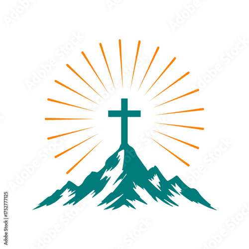 Christian Cross on Mountain with Sun Rays Logo Template