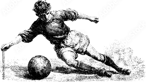 Soccer player kicking a ball in a vintage vector illustration style. Monochrome outline set showcasing athletic movement and dynamic action.