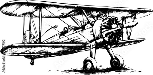 Vintage aircraft engraving. Detailed line art illustration of a biplane in a black and white vector set.