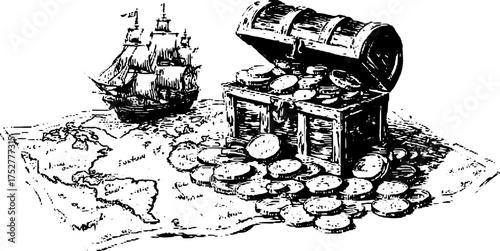 Treasure chest filled with coins and a vintage ship on a map. This detailed vector illustration showcases nautical themes in a classic set.