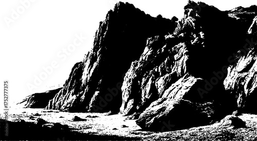 Rugged rock cliffs at the coast in black and white. Vintage line drawing creates a detailed vector illustration of a coastal landscape.