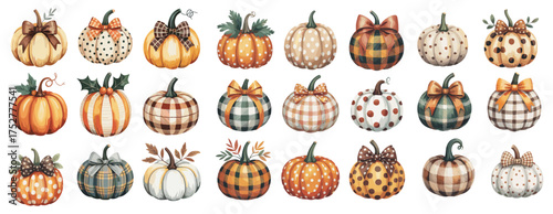 Watercolor illustration of decorative pumpkins in autumn colors with plaid, polka dot, and striped patterns, adorned with bows, isolated on transparent background