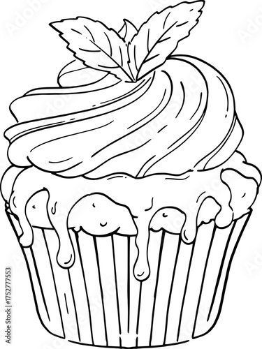 Hand Draw line art Cupcake with Dripping Matcha Sauce and mint. Doodle drawing for coloring book, t-shirt print, invitation, card, menu design. 