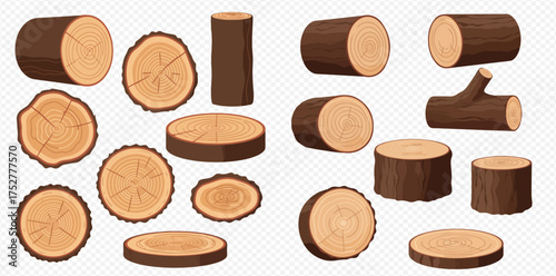 A collection of cartoon logs and wood slices on a transparent background.