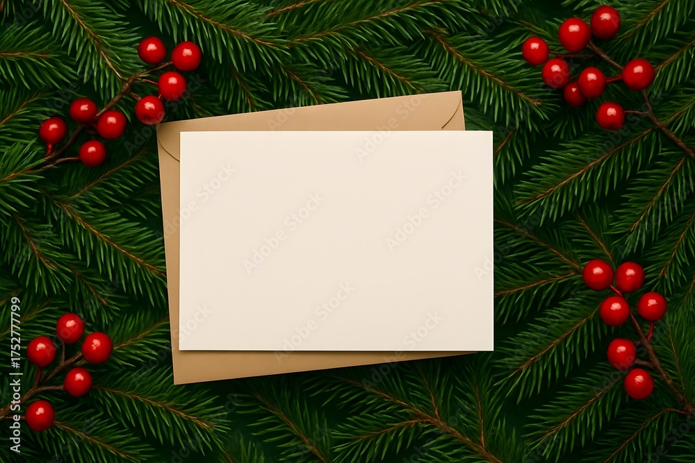 Obraz premium Blank Christmas Card on Pine Branches with Red Berries