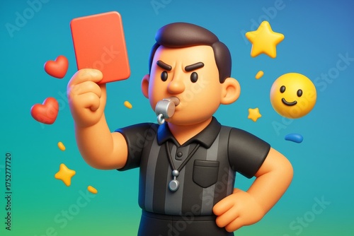 3D cartoon referee character blowing whistle and showing red card with emojis around on gradient background. Sport discipline concept illustration. Ai generative