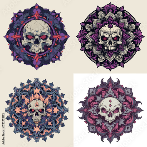 Ornate gothic skull mandala illustration with dark floral patterns and sacred geometry. Ideal for tattoo design, metal music poster, occult artwork, or horror fantasy graphic decoration.