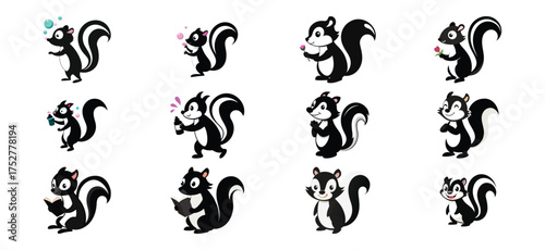 Collection of cute cartoon skunk illustrations in various poses and actions