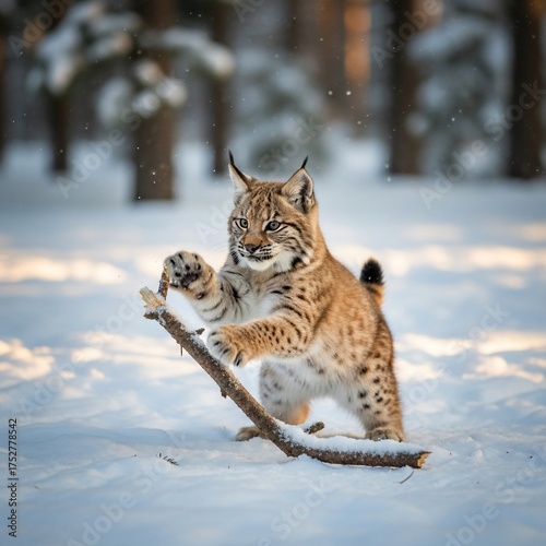 Playful Eurasian lynx cub playing with a stick in a snowy winter forest.