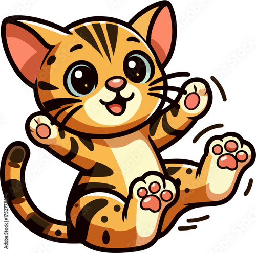 Happy Cartoon Bengal Cat Sitting – Cute Vector Character with Big Eyes and Striped Tail Isolated on White Background for Children’s Design