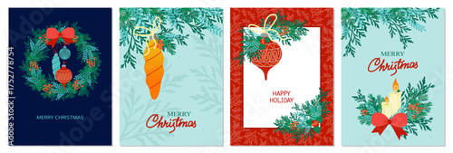 Set of four Christmas greeting cards featuring ornaments, wreaths, and candles on a festive background. Each card includes holiday messages and decorative elements in vector illustration.