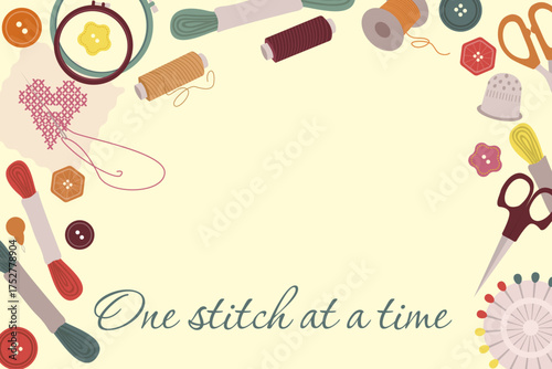 Vector illustration of embroidery tools and a heart-shaped stitch, highlighting various sewing items such as threads, needles, scissors, and buttons. Perfect for craft and hobby themes.