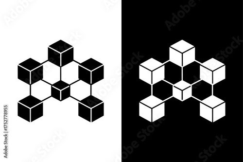 Interconnected Cubes Representing Digital Transaction Network — Black and White Design.