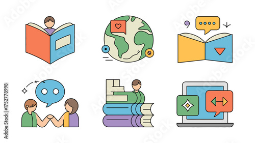 Diverse icons representing education, communication, and global connection