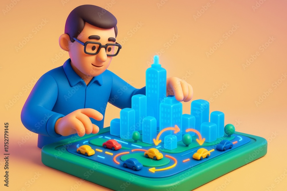 Fototapeta premium Man interacting with smart city transportation model featuring glowing buildings and cars on pastel background in stylized cartoon style concept. Ai generative