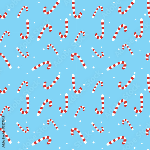 Christmas Candy Red Doodle Seamless Pattern on blue background. Christmas candy lollipop seamless pattern.