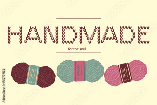 Vector illustration of colorful yarn skeins with the word HANDMADE artistically rendered above. Ideal for crafting, knitting, and DIY enthusiasts. Vibrant colors enhance creativity.