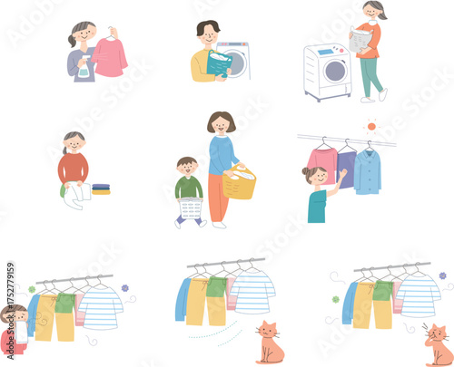 洗濯をする人々のイラストセット