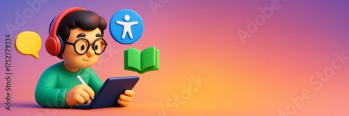 Cartoon student using digital tablet with learning icons on gradient background, ideal for education technology banner or copyspace template design. Ai generative