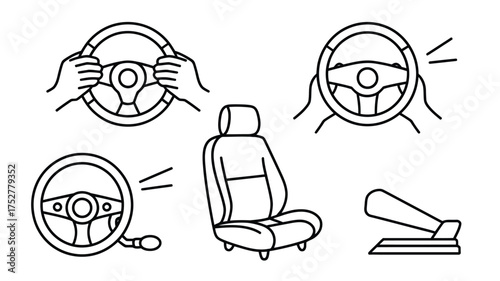 Hands on steering wheel, car seat and gear stick, driving essentials illustration