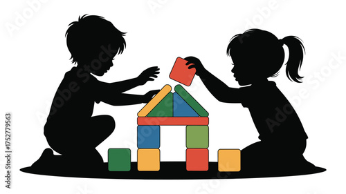 Two diverse children collaborating to build a colorful toy house, fostering creativity and teamwork.