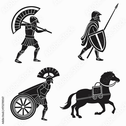 Vector art of four ancient warriors silhouettes with spear and chariot