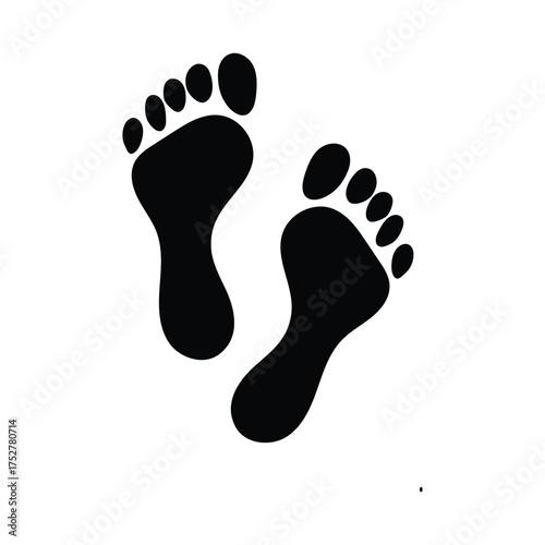 Black graphic of two stylized footprints left and right diagonally positioned with toes visible, symbolizing movement and human presence