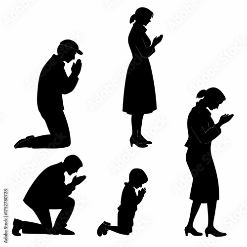 Vector art of silhouette of people praying to god with hope