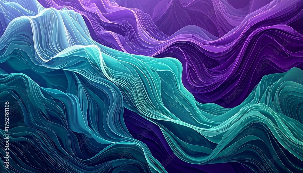 Obraz premium The color of music visualized as a flowing, rhythmic pattern of sharp lines and soft color gradients in shades of teal and deep violet, synesthesia music.