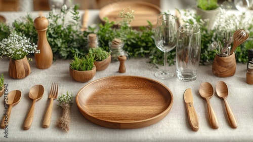 Wallpaper Mural Set of handmade wooden dishes and cutlery laid out on a linen tablecloth. Torontodigital.ca